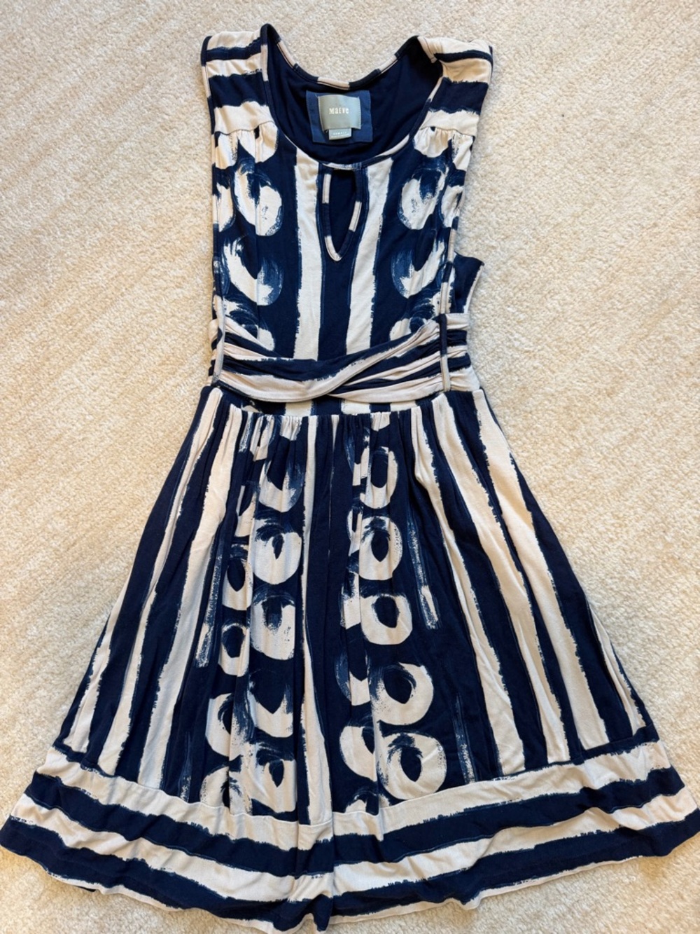 Anthropologie Maeve Navy & Cream Striped Circle Print Womens Dress